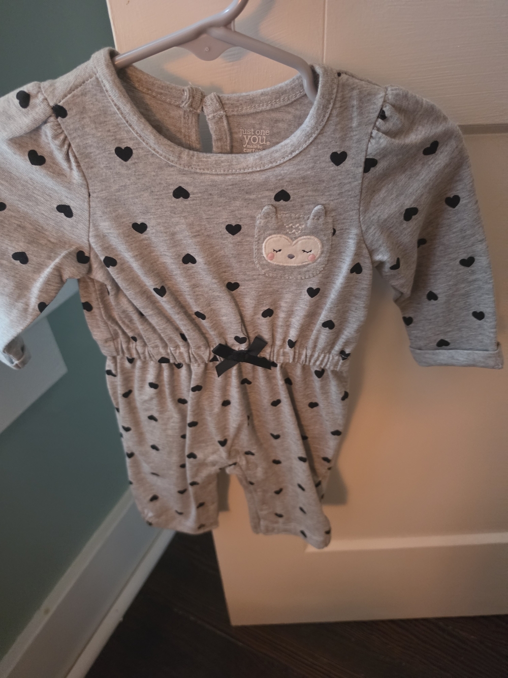 Gray Heart-Print Baby Romper with Bunny Patch 3M